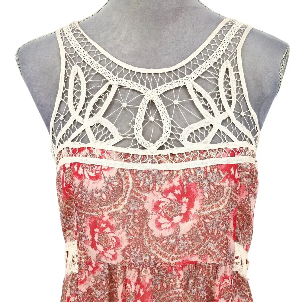 Free People Dress Womens 10 Maxi Ivory Red Pink Floral Lace Trim Lined Chiffon - Picture 7 of 13